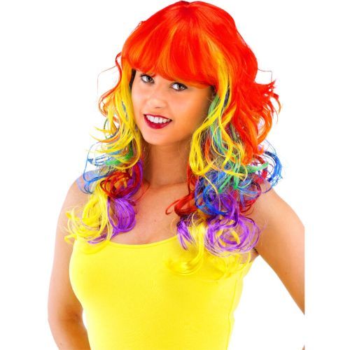 Folat Pruik Lang Krulhaar Regenboog Kleur