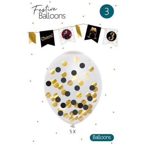 Haza Confetti Ballonnen Zwart/ Goud 5st